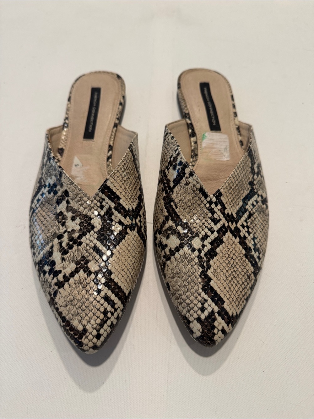 French Connection Pointed Snake-Print Slip-On Mules in Beige and Black